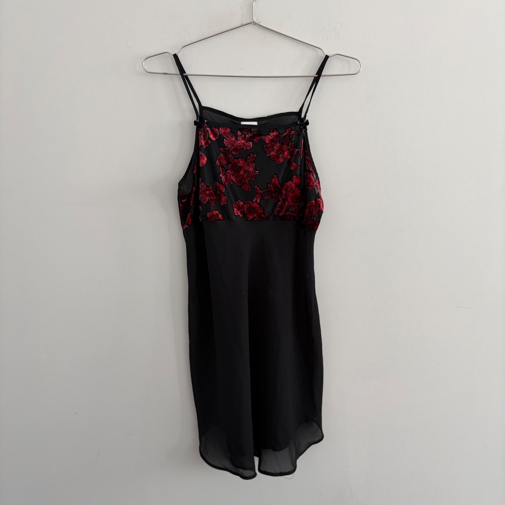 Gilligan & O'Malley Black Red Floral Velvet Sheer Slip Dress Small